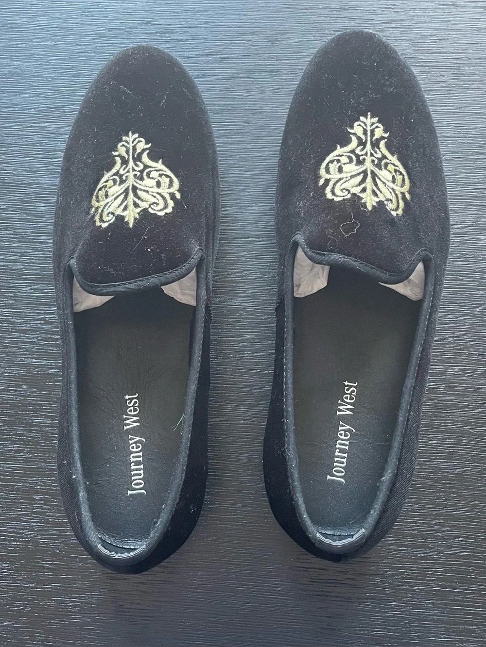 Journey West Men’s Black Velvet Loafers with Gold Embroidery